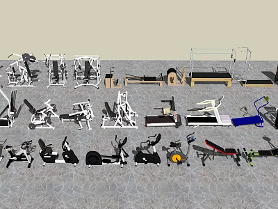 Assortment of Fitness Equipment Including Treadmills Dumbbells Barbells and Exercise Machines 3d model