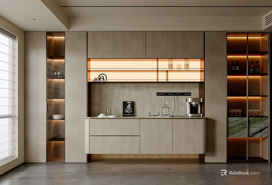 Modern Sideboard Interior Design With Lighting Open Storage Shelves And Countertop 3d model 