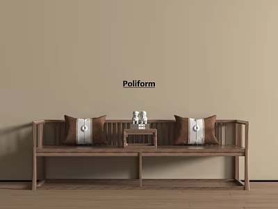 Wooden Arhat Daybed With Brown Patterned Cushions And Small Side Table 3d model
