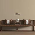 Wooden Arhat Daybed With Brown Patterned Cushions And Small Side Table 3d model
