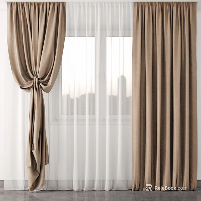 Elegant Tied Brown Curtains With Sheer Panels For Window City View 3d model 