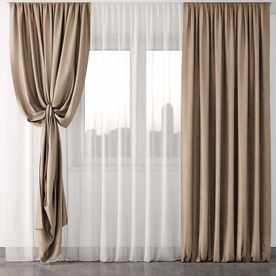 Elegant Tied Brown Curtains With Sheer Panels For Window City View 3d model