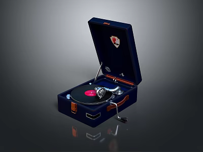 Vintage Open Blue Suitcase Record Player With Red Vinyl And Tonearm 3d model