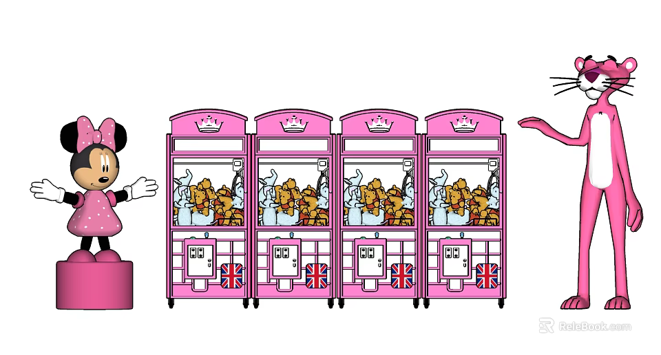 Pink Minnie Themed Claw Machines In Row With Stuffed Toys For Kids Play 3d model 