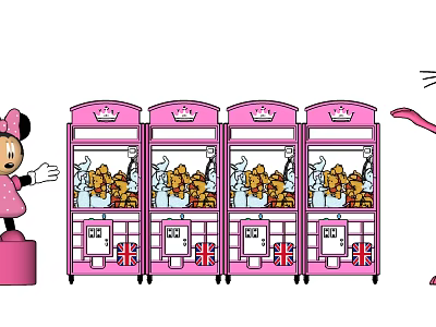 Pink Minnie Themed Claw Machines In Row With Stuffed Toys For Kids Play 3d model