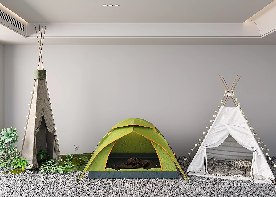 Various Stylish Tents Including Teepee Green Dome And White With String Lights On Pebble Ground 3d model 