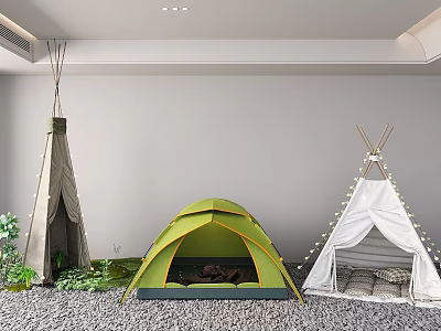 Various Stylish Tents Including Teepee Green Dome And White With String Lights On Pebble Ground 3d model