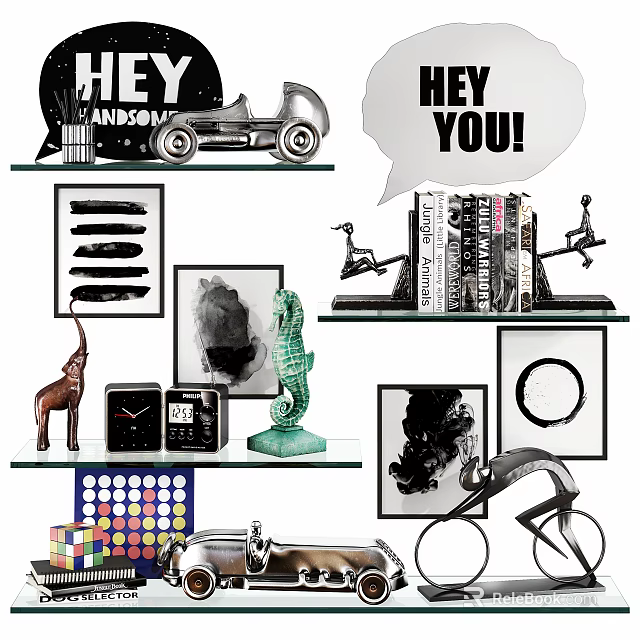 Ornament and Decorative Figurine Collection with Car Model Speech Bubble Decor Elephant Seahorse and Clock 3d model 