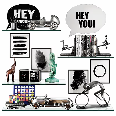 Ornament and Decorative Figurine Collection with Car Model Speech Bubble Decor Elephant Seahorse and Clock 3d model