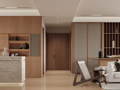 Modern Living And Dining Room Interior With Wooden Cabinets Sofa And Warm Lighting 3d model