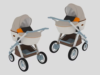 Modern Baby Strollers With Beige Canopy Orange Accents And Brown Frames 3d model