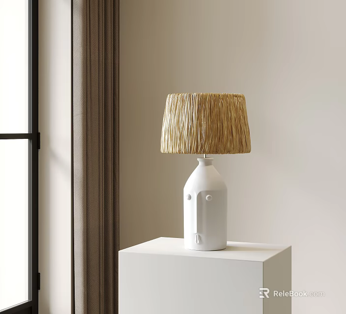 White Base Table Lamp With Woven Rattan Shade On White Table And Brown Curtains 3d model 