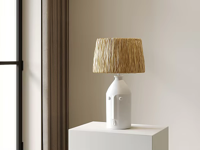 White Base Table Lamp With Woven Rattan Shade On White Table And Brown Curtains 3d model