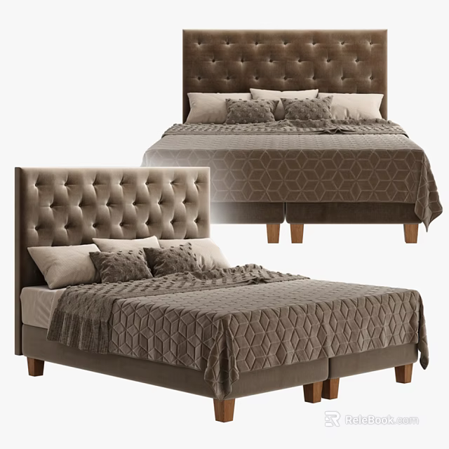 Brown Tufted Upholstered Double Bed With Geometric Pattern Bedding And Pillows 3d model 