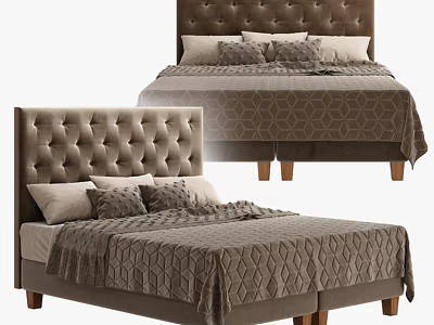 Brown Tufted Upholstered Double Bed With Geometric Pattern Bedding And Pillows 3d model