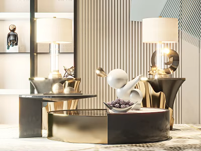 Elegant Modern Coffee Table With Gold Black Metal And Decorative Sculptures Lamp Vase 3d model
