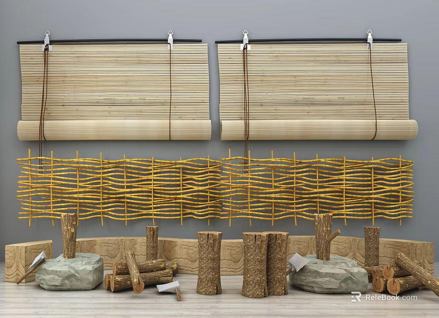 Garden Decor Elements With Bamboo Blinds Yellow Woven Fences Tree Stumps Stones And Wood Logs 3d model 