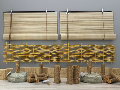 Garden Decor Elements With Bamboo Blinds Yellow Woven Fences Tree Stumps Stones And Wood Logs 3d model