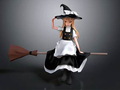 Witch Character Sitting On Broom With Black Hat And White Apron Dress 3d model