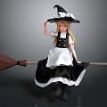 Witch Character Sitting On Broom With Black Hat And White Apron Dress
