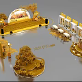 Autumn Themed Stage Design With Golden Trees Round Arch Decorations And Arranged Seats
