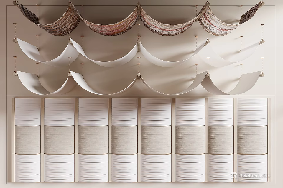 Artistic Ceiling Design With Layered Curved Panels And Hanging Accents 3d model 
