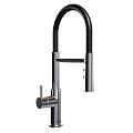 Contemporary Kitchen Faucet With Tall Black Spout And Stainless Steel Body Design