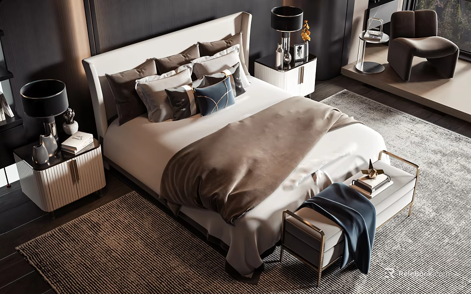 Elegant Modern Double Bed With Soft Bedding Pillows Blanket Nightstands Lamps And Bench On Rug 3d model 