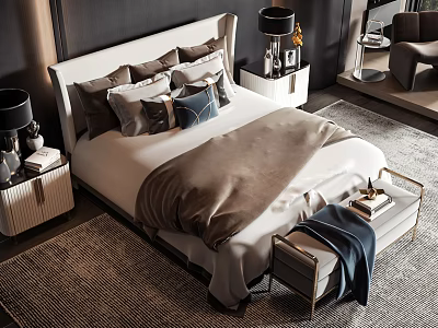 Elegant Modern Double Bed With Soft Bedding Pillows Blanket Nightstands Lamps And Bench On Rug 3d model