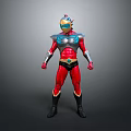 Humanoid Superhero Character In Red Armor With Silver Shoulders Blue Chest And Yellow Helmet