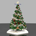 Decorated Christmas Tree With Sparkling Lights Red Orange Ornaments White Ribbons And Merry Christmas Base