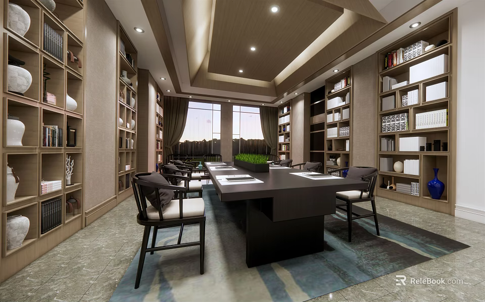Spacious Conference Room Interior With Long Table Chairs Bookshelves And Large Windows 3d model 