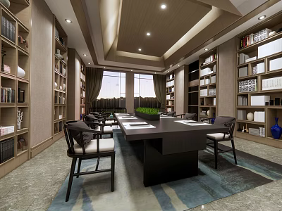 Spacious Conference Room Interior With Long Table Chairs Bookshelves And Large Windows 3d model