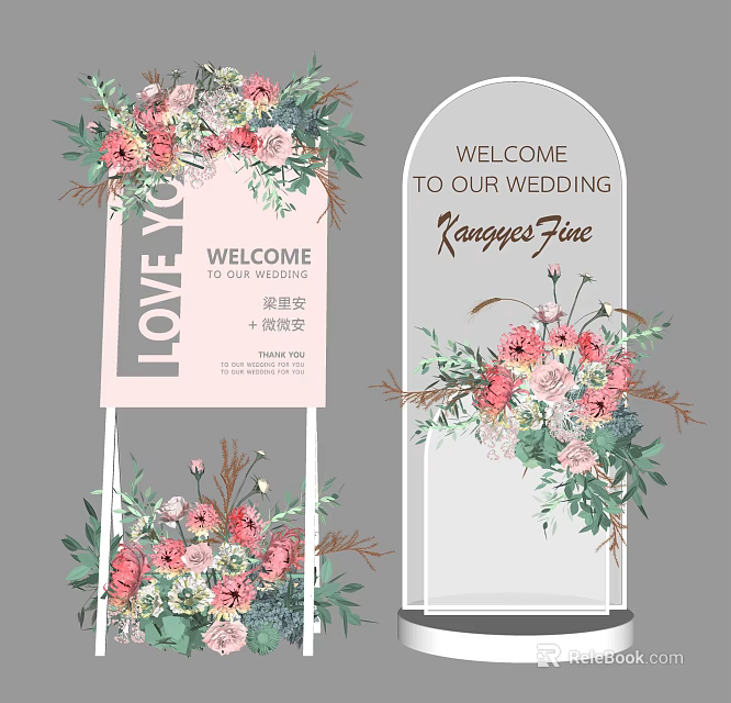 Wedding Floral Decorations With Vase Flowers And Welcome Sign Design 3d model 