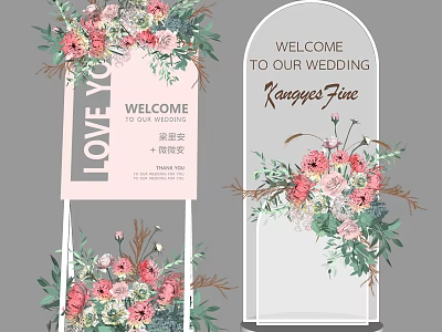 Wedding Floral Decorations With Vase Flowers And Welcome Sign Design 3d model