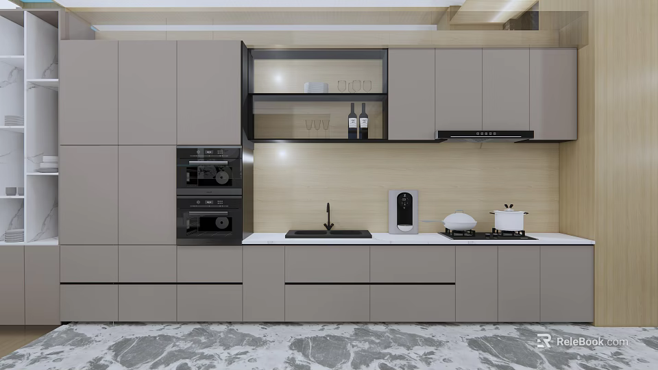 Modern Kitchen Interior Design With Gray Cabinets Built-in Appliances And Sleek Countertop 3d model 
