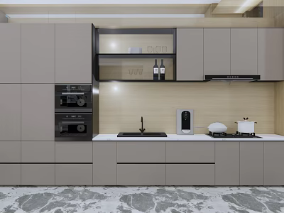 Modern Kitchen Interior Design With Gray Cabinets Built-in Appliances And Sleek Countertop 3d model