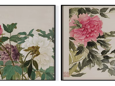 Botanical Paintings of Colorful Peonies with Green Leaves and Framed Design 3d model
