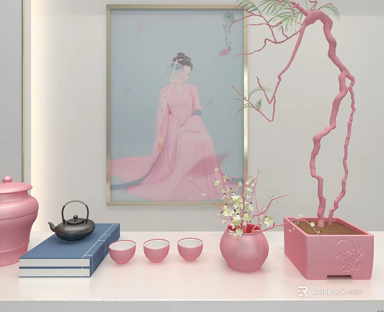 Pink Decorative Ornaments Set With Teapot Teacups Vase White Flowers Potted Plant And Lady Painting 3d model 
