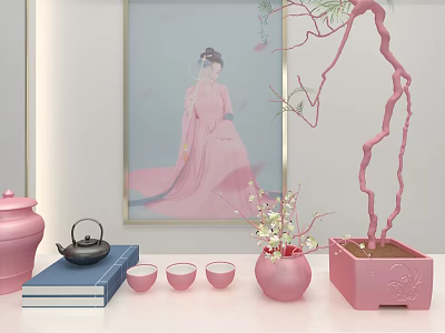 Pink Decorative Ornaments Set With Teapot Teacups Vase White Flowers Potted Plant And Lady Painting 3d model