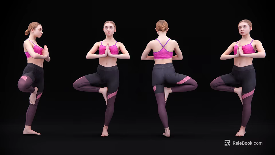 Woman Practicing Yoga Tree Pose From Multiple Angles In Pink Sports Bra And Dark Leggings 3d model 