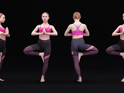 Woman Practicing Yoga Tree Pose From Multiple Angles In Pink Sports Bra And Dark Leggings 3d model