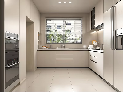 Modern Kitchen Interior Design With White Cabinets Window And Stainless Steel Appliances 3d model