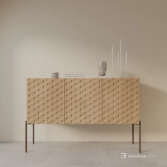 Modern Entryway Console Cabinet With Wooden Geometric Texture And Metal Legs Decorative Items 3d model 