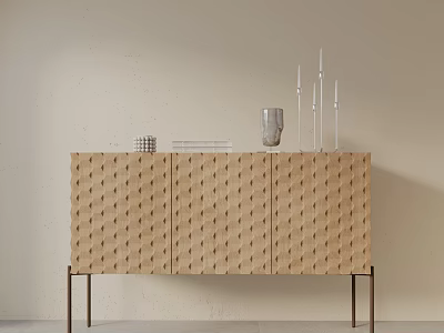 Modern Entryway Console Cabinet With Wooden Geometric Texture And Metal Legs Decorative Items 3d model