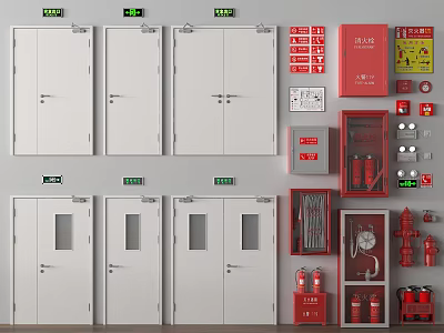 White Fire Doors With Red Fire Extinguishers Cabinets And Emergency Exit Signs 3d model