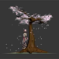 Game Movie Character in Traditional Outfit Holding Fan Under Cherry Blossom Tree With Falling Petals