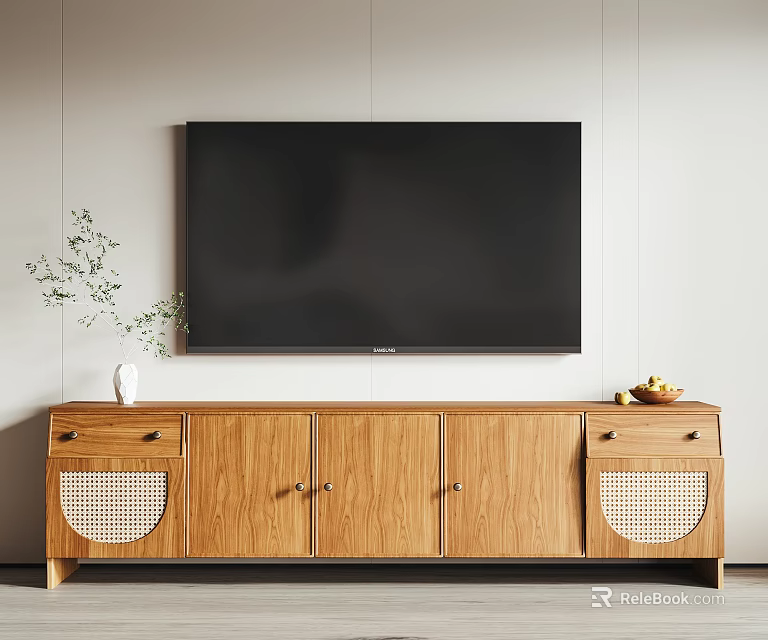 Wooden TV Stand With Flat Screen TV Cabinet Doors Drawers Vase With Plant And Fruits 3d model 
