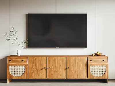 Wooden TV Stand With Flat Screen TV Cabinet Doors Drawers Vase With Plant And Fruits 3d model