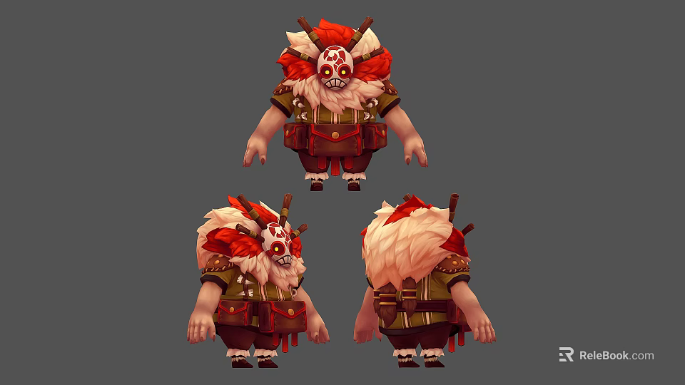 Cartoon Character 3D Model With Red White Fur Mask And Green Outfit Multiple Views 3d model 
